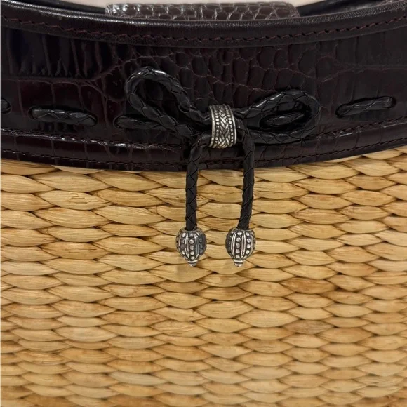 BRIGHTON Wicker Straw Purse Shoulder Bag Dark Brown Croc Leather Trim - Picture 4 of 11